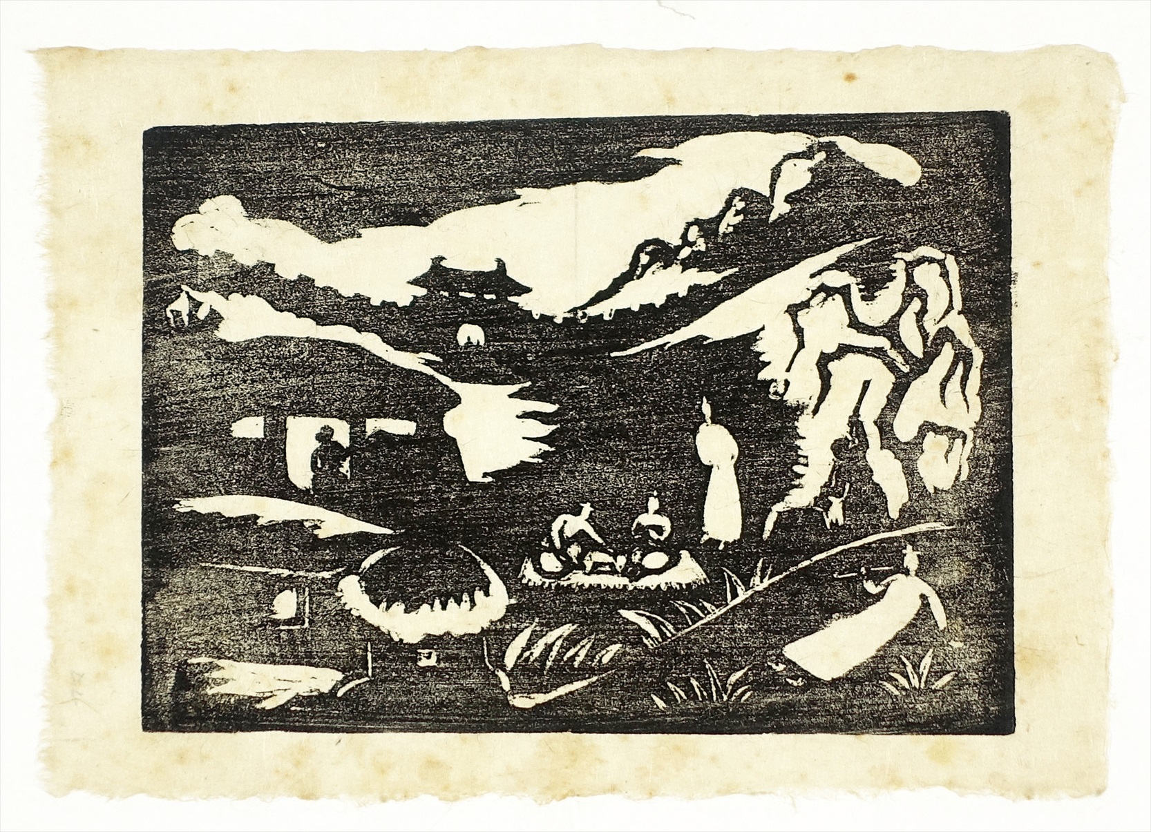 新作☆ 谷中安規「年賀状」モノクロ木版に手彩色 1932年 版画